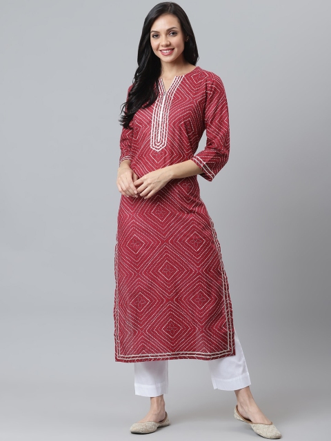 

maaisarah Women Maroon Geometric Printed Gotta Patti Block Print Handloom Kurta
