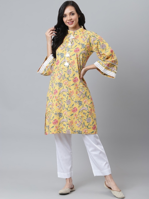 

maaisarah Women Yellow & Green Printed Flared Sleeves Block Print Pure Cotton Kurta