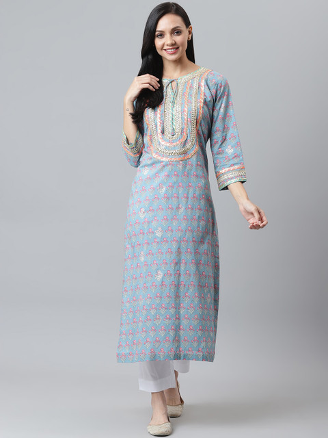 

maaisarah Women Blue Ethnic Motifs Yoke Design Keyhole Neck Flared Sleeves Thread Work Block Print Handloom Kurta