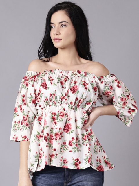 

AASI - HOUSE OF NAYO White & Pink Floral Off-Shoulder Peplum Top