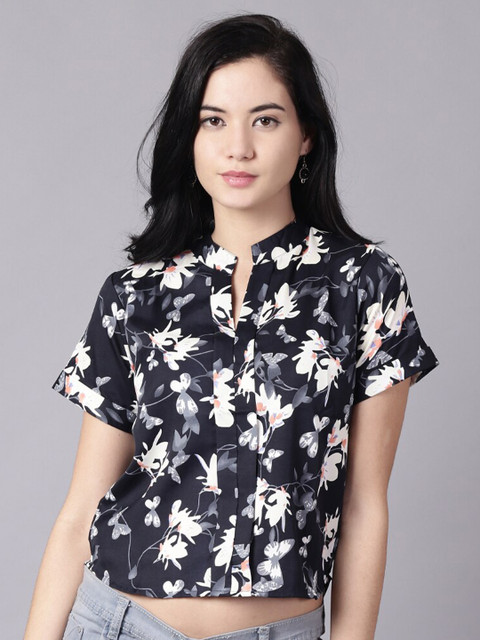 

AASI - HOUSE OF NAYO Blue Floral Mandarin Collar Crepe Regular Crop Top