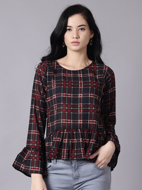 

AASI - HOUSE OF NAYO Navy Blue & Red Checked Georgette Regular Top