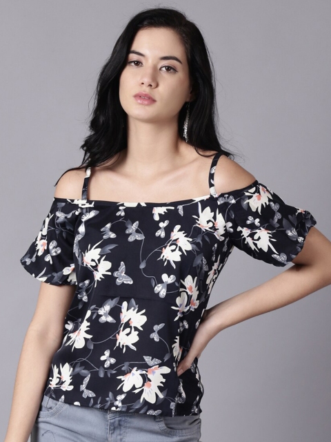

AASI - HOUSE OF NAYO Navy Blue Floral Crepe Bardot Top