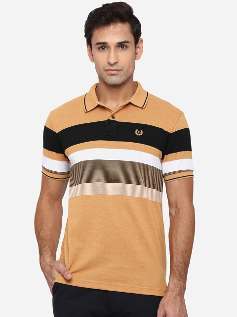

Greenfibre Men Orange & Black Colourblocked Striped Polo Collar Slim Fit T-shirt