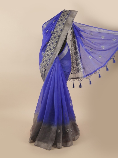 

Pothys Blue Floral Embroidered Tissue Saree