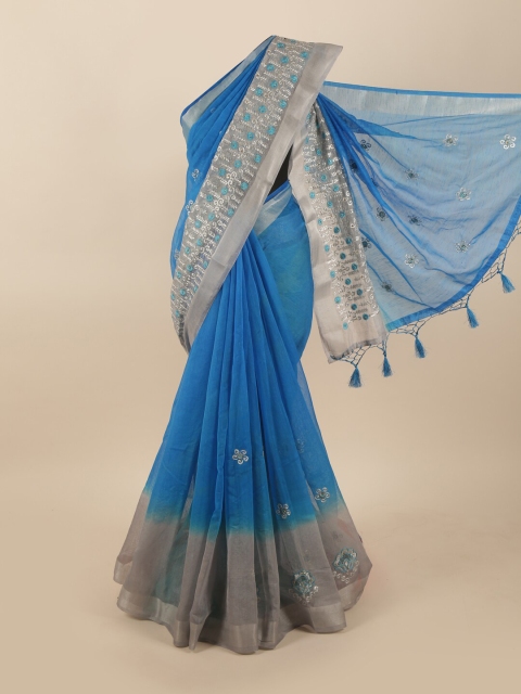 

Pothys Blue & Silver-Toned Floral Beads and Stones Tissue Saree