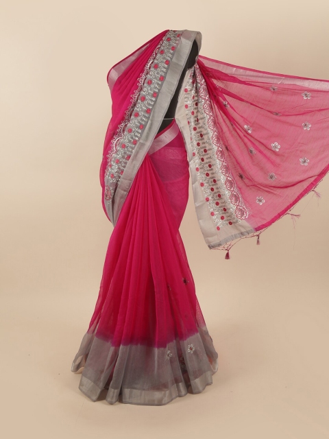 

Pothys Pink & Silver-Toned Floral Embroidered Tissue Saree
