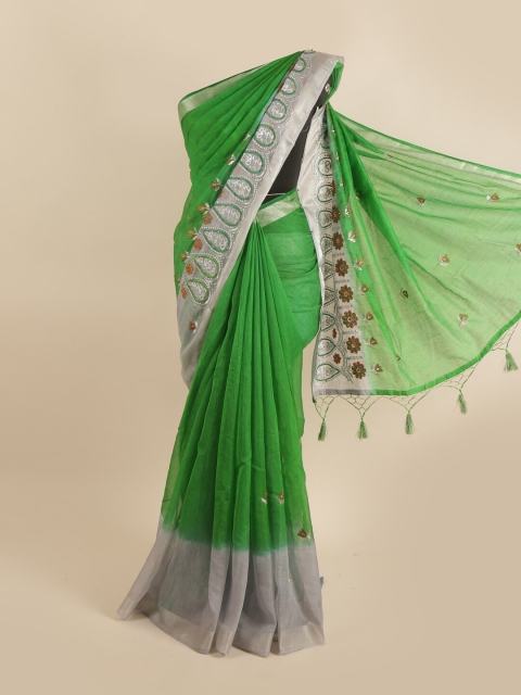 

Pothys Green & Silver-Toned Ethnic Motifs Embroidered Tissue Saree