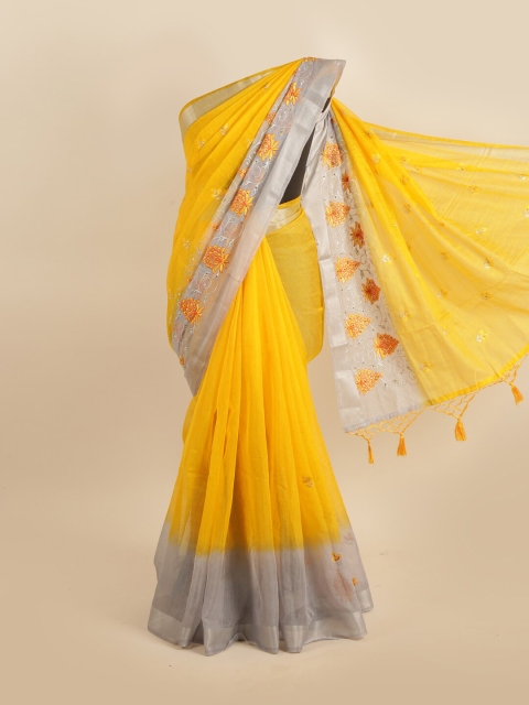 

Pothys Yellow & Grey Floral Embroidered Tissue Saree