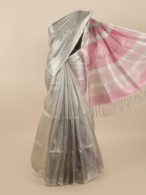 

Pothys Grey & Pink Woven Design Zari Linen Blend Saree