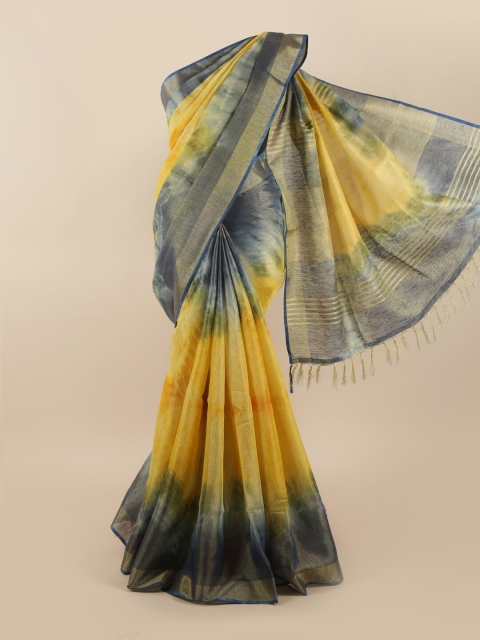

Pothys Yellow & Grey Tie and Dye Zari Linen Blend Saree