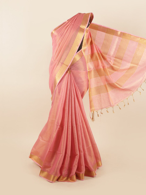 

Pothys Pink & Gold-Toned Zari Linen Blend Saree