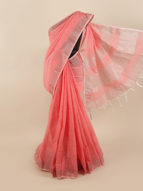 

Pothys Peach-Coloured & Silver-Toned Linen Blend Saree