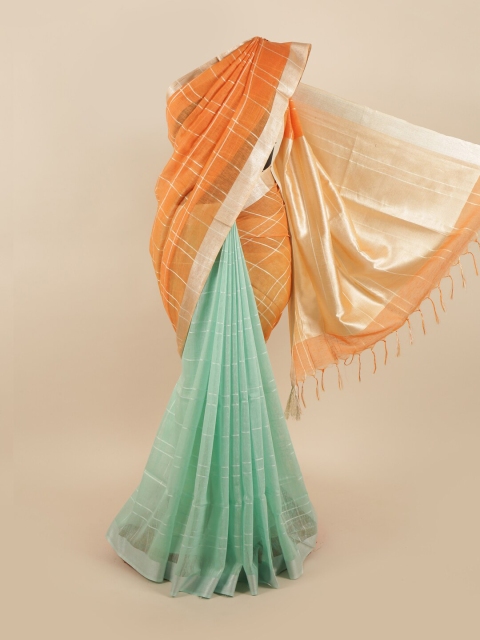 

Pothys Orange & Turquoise Blue Checked Zari Linen Blend Saree