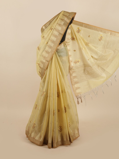 

Pothys Yellow & Gold-Toned Floral Embroidered Tissue Saree