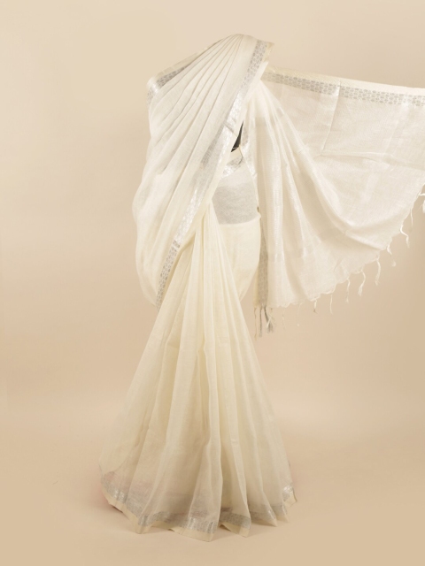 

Pothys White & Silver-Toned Zari Linen Blend Saree