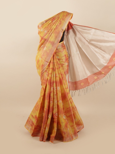 

Pothys Yellow & Red Tie and Dye Zari Linen Blend Saree