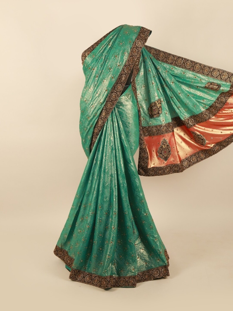 

Pothys Sea Green & Gold-Toned Floral Embroidered Saree