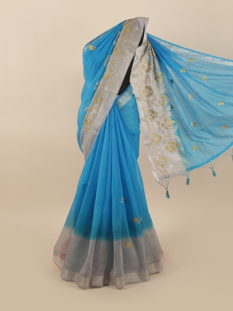 

Pothys Blue & Silver Floral Tissue Saree