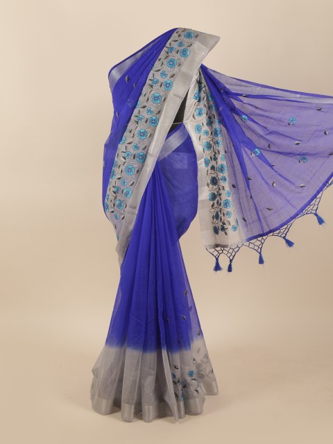 

Pothys Blue & Grey Floral Beads and Stones Tissue Saree