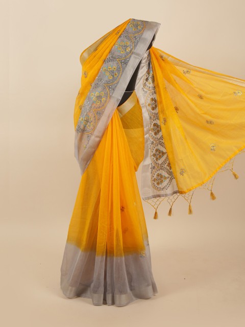 

Pothys Yellow & Silver-Toned Floral Embroidered Tissue Saree
