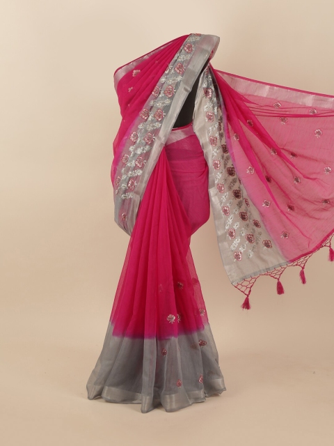 

Pothys Magenta & Silver-Toned Floral Tissue Saree