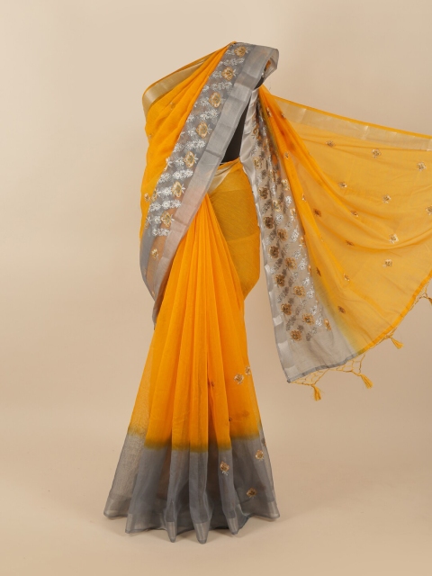 

Pothys Yellow & Grey Floral Embroidered Tissue Saree
