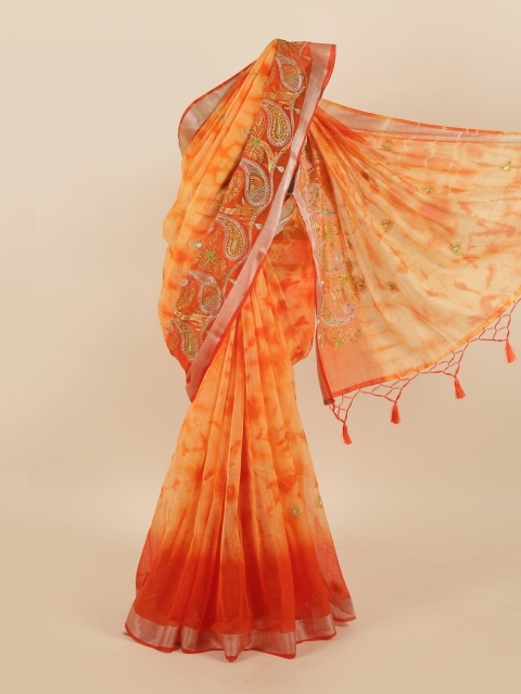 

Pothys Orange & Green Tie and Dye Embroidered Tissue Saree