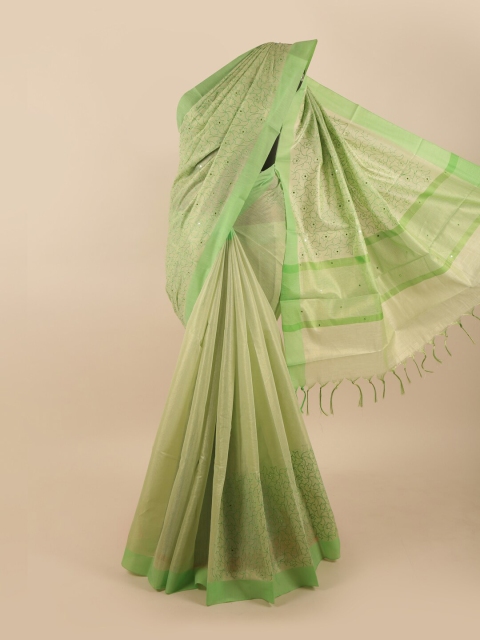 

Pothys Green Floral Mirror Work Tissue Saree