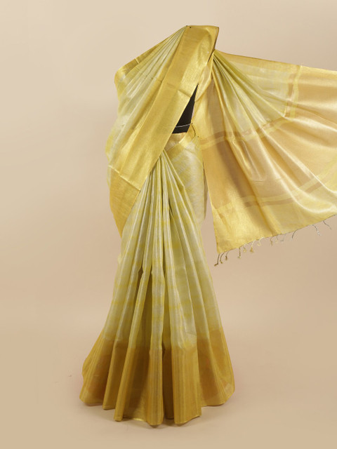 

Pothys Yellow & Gold-Toned Striped Linen Blend Saree