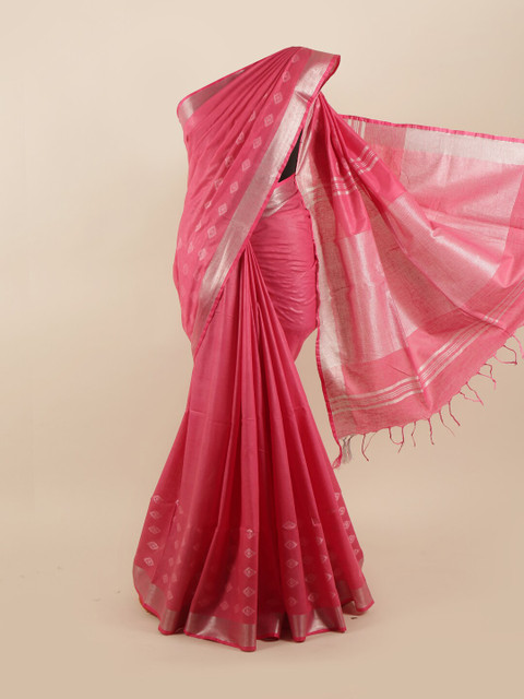 

Pothys Pink & Silver-Toned Woven Design Zari Linen Blend Saree