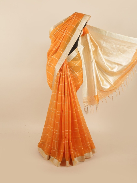 

Pothys Orange & Silver-Toned Checked Zari Linen Blend Saree