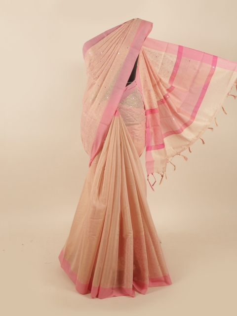 

Pothys Peach-Coloured & Pink Floral Mirror Work Tissue Saree
