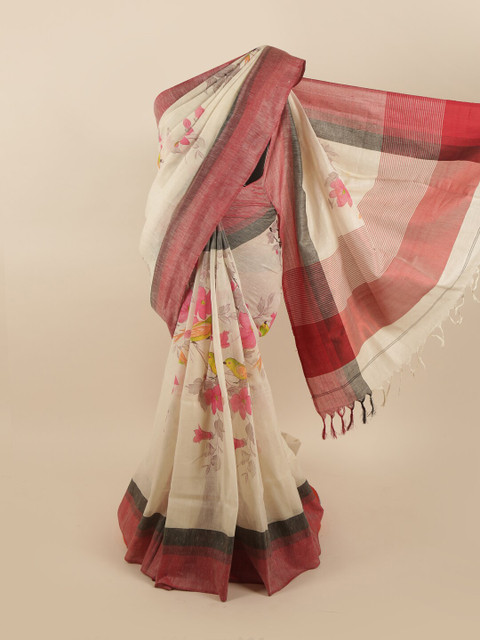 

Pothys Cream-Coloured & Red Floral Linen Blend Saree