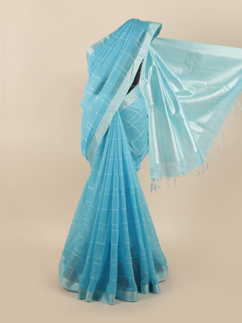 

Pothys Blue & Silver-Toned Checked Zari Linen Blend Saree