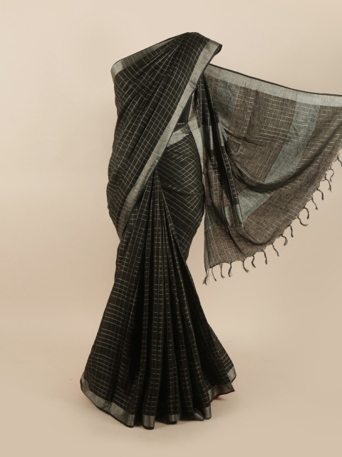 

Pothys Black & Silver-Toned Checked Zari Linen Blend Saree