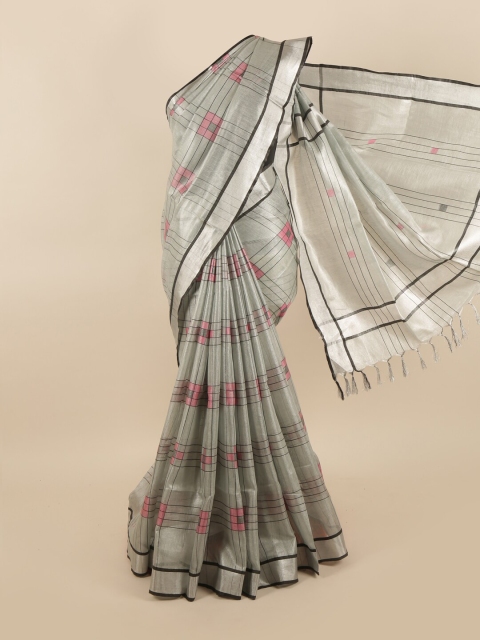 

Pothys Grey & Silver-Toned Zari Linen Blend Saree