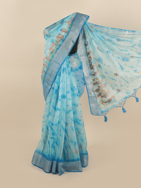 

Pothys Blue & Silver-Toned Tie and Dye Embroidered Tissue Saree