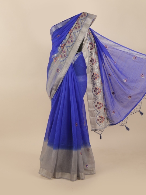 

Pothys Blue & Silver-Toned Floral Beads and Stones Tissue Saree