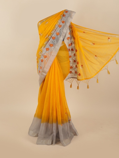 

Pothys Yellow & Red Floral Embroidered Tissue Saree