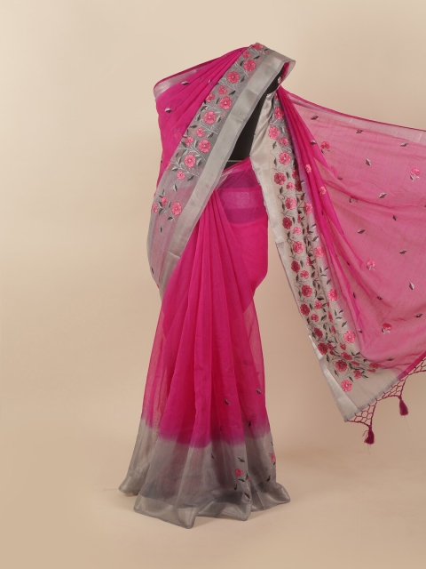 

Pothys Pink & Grey Floral Embroidered Tissue Saree