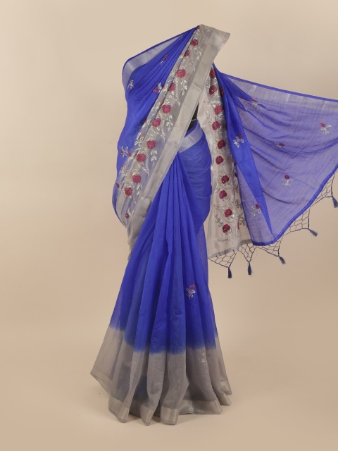 

Pothys Blue & Silver-Toned Floral Tissue Saree
