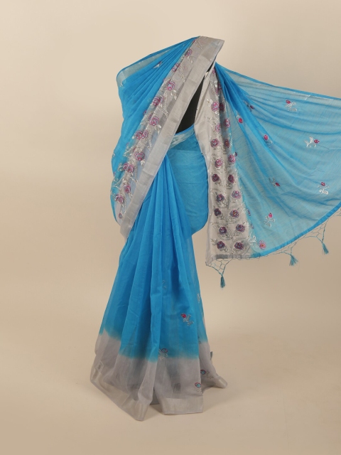 

Pothys Blue & Grey Floral Embroidered Tissue Saree