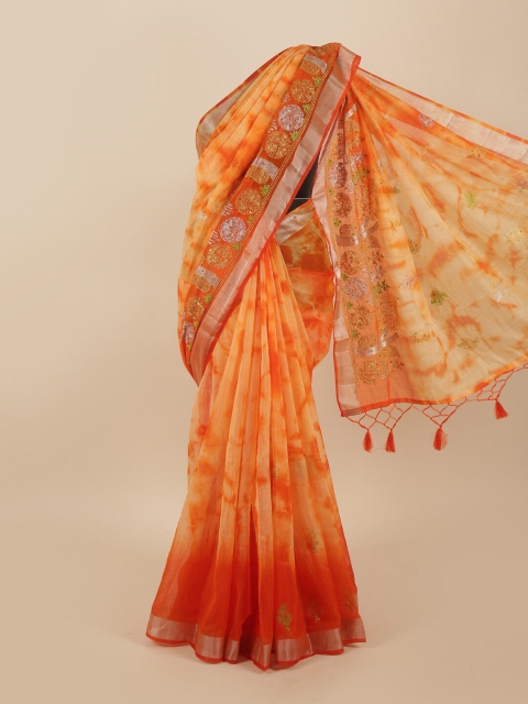 

Pothys Orange & Gold-Toned Woven Design Zari Tissue Saree