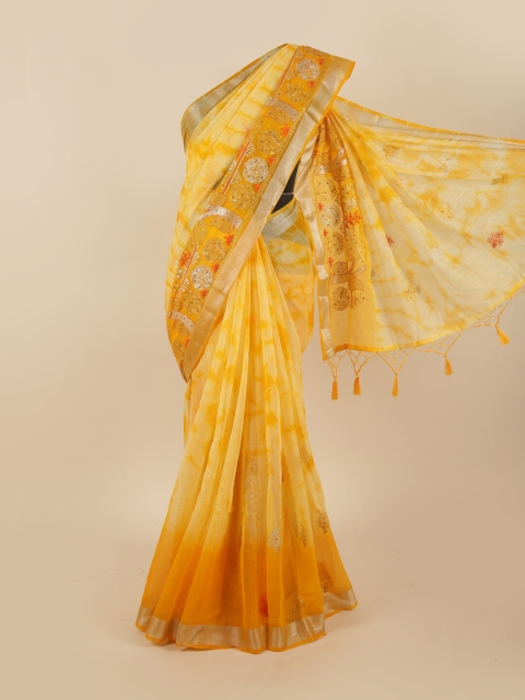 

Pothys Yellow & Orange Floral Zari Tissue Saree