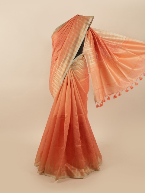 

Pothys Orange & Gold-Toned Ethnic Motifs Embroidered Tissue Saree