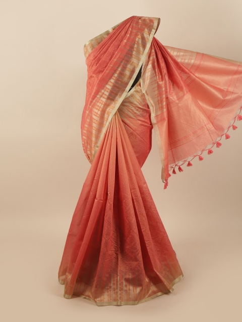 

Pothys Peach-Coloured & Gold-Toned Ethnic Motifs Zari Tissue Saree