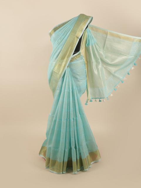 

Pothys Blue & Gold-Toned Checked Zari Linen Blend Saree