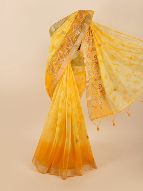 

Pothys Yellow & Silver-Toned Ethnic Motifs Zari Tissue Saree