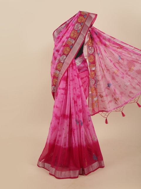 

Pothys Pink & Blue Tie and Dye Embroidered Tissue Saree